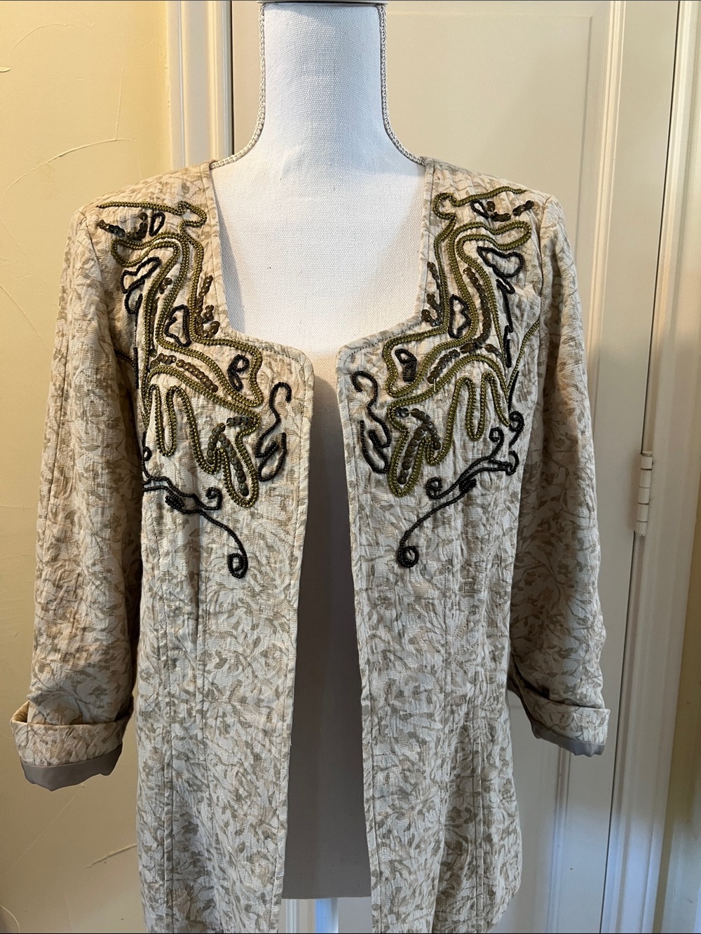 Coldwater Creek Beige Embroidered Open Front Jacket. Beautifully embellished.